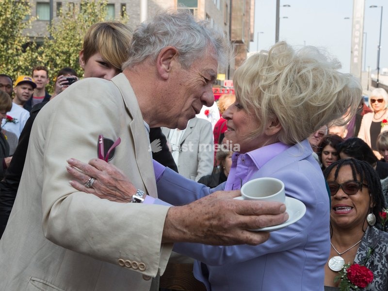 Sir Ian McKellen greets Barbara Windsor. Unveiling ceremony for the Joan Littlewood sculpture by Philip Jackson in Theatre Square outside Theatre Royal Stratford East