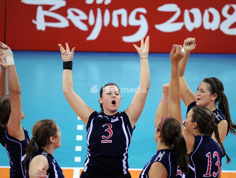 (080912) -- BEIJING, Sept. 12, 2008 -- Players of the Untied States celebrate after winning the semifinal against the Netherlands in the women's sitting volleyball at the Beijing 2008 Paralympic Games in Beijing, China, Sept. 12, 2008. The United States won 3-2 and advanced into the final. ( Yang…