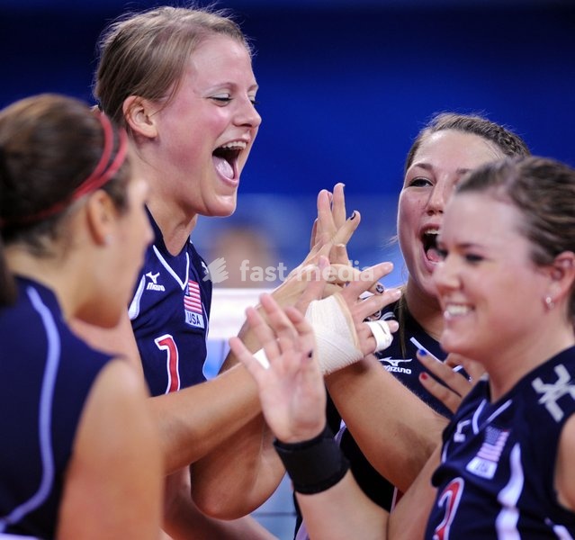 (080912) -- BEIJING, Sept. 12, 2008 -- Players of the Untied States celebrate after winning the semifinal against the Netherlands in the women's sitting volleyball at the Beijing 2008 Paralympic Games in Beijing, China, Sept. 12, 2008. The United States won 3-2 and advanced into the final. ( Yang…