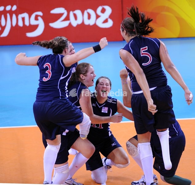 (080912) -- BEIJING, Sept. 12, 2008 -- Players of the Untied States celebrate after winning the semifinal against the Netherlands in the women's sitting volleyball at the Beijing 2008 Paralympic Games in Beijing, China, Sept. 12, 2008. The United States won 3-2 and advanced into the final. ( Yang…