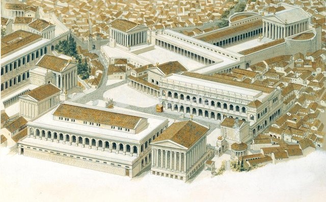 Rome, Forum Romanum. Reconstruction of the Torum Romanum at the time of Augustus: Fr. left Tabularium, Temple of Concord, Temple of Saturn, Basilica Julia, Temple of Castor a. Pollux, Temple of Vesta, Temple of the Deified Julius Casaer, Basilica Aemilia (…). Watercolour by Peter Connolly…