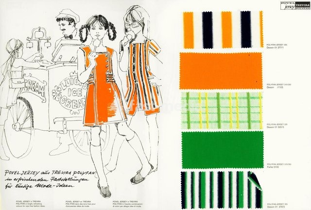 Fashion, Children's Fashion. Children's fashion drawing with two girls eating ice-cream. Drawing, c.1965 by H. Brüderlin. Published by Ludwig Povel & Co., Nordhorn, Germany