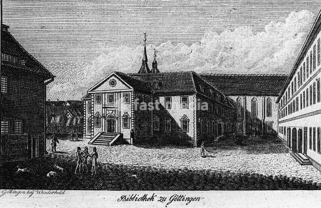 Göttingen, Universitätsbibliothek. "Bibliothek zu Göttingen". (Außenansicht). Kupferstich, anonym, Ende 18. Jh, Göttingen (Wiederhold) o. J. Aus einem Stammbuch
