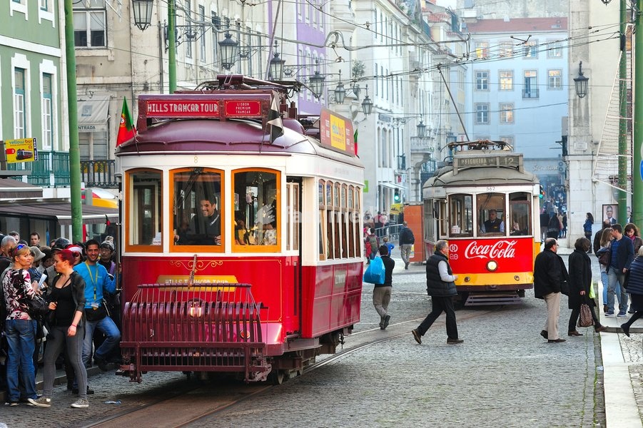 tram cars in Praca da Figuera, Lisbon, Portugal