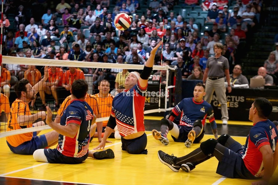 ORLANDO, FL - MAY 10: USA play the Netherlands at sitting volleyball during the Invictus Games Orlando 2016 at ESPN Wide World of Sports on May 10, 2016 in Orlando, Florida. Prince Harry, patron of the Invictus Games Foundation is in Orlando for the Invictus Games 2016. The Invictus Games is the…