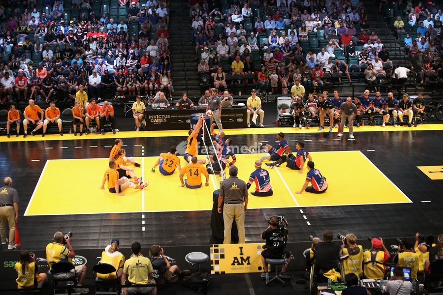 ORLANDO, FL - MAY 10: USA play the Netherlands at sitting volleyball during the Invictus Games Orlando 2016 at ESPN Wide World of Sports on May 10, 2016 in Orlando, Florida. Prince Harry, patron of the Invictus Games Foundation is in Orlando for the Invictus Games 2016. The Invictus Games is the…