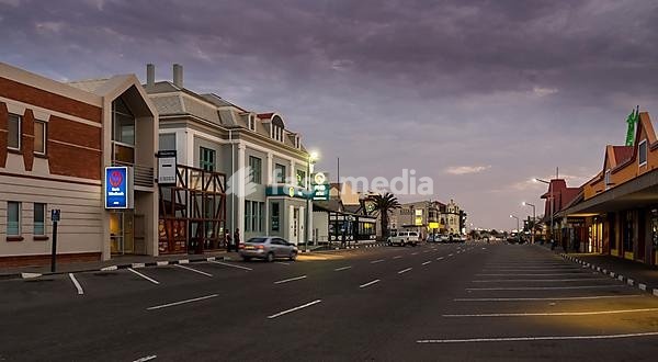 Street Theo Ben Guriab Ave at dusk, Swakopmund, Erongo Region, Namibia