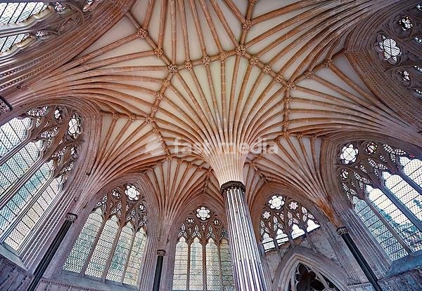 Vaulted ceiling of the Chapter House of the medieval Wells Cathedral, English Gothic style, Wells, Somerset, England, United Kingdom