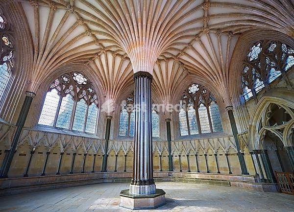 Vaulted ceiling of the Chapter House of the medieval Wells Cathedral, English Gothic style, Wells, Somerset, England, United Kingdom