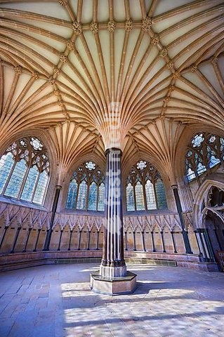 Vaulted ceiling of the Chapter House of the medieval Wells Cathedral, English Gothic style, Wells, Somerset, England, United Kingdom