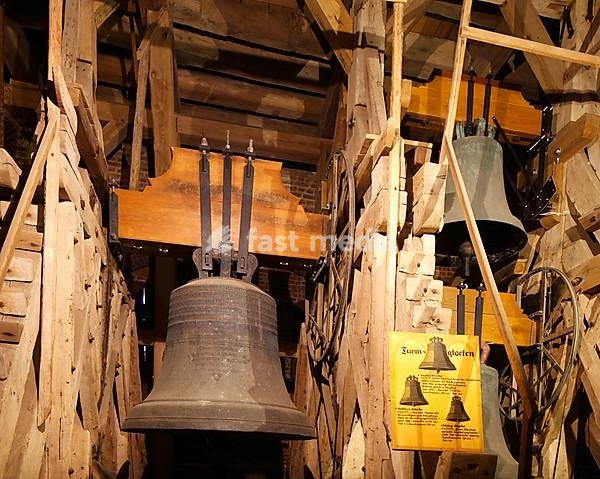 Church bells with belfry top, Marienkirche, historic district, Stralsund, Mecklenburg-Western Pomerania, Germany