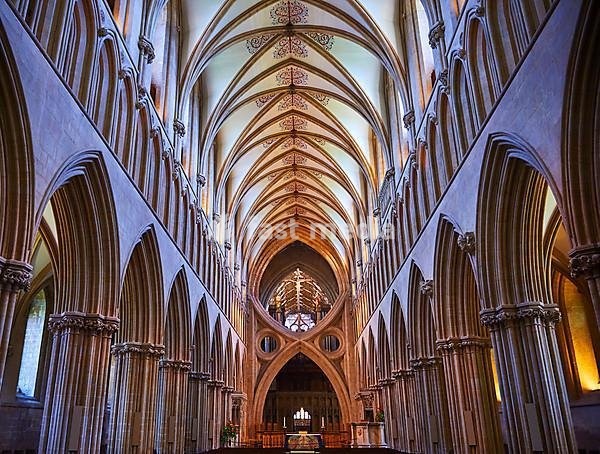 Interior of the medieval Wells Cathedral, Wells, Somerset, England
