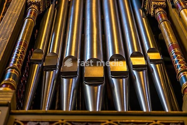 Organ pipes, close-up, Spanish Synagogue, interior shot, Josefov, Jewish Quarter, Prague, Bohemia, Czech Republic