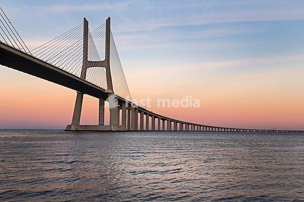 Vasco da Gama Bridge over the River Tagus, sunset, Lisbon, Portugal