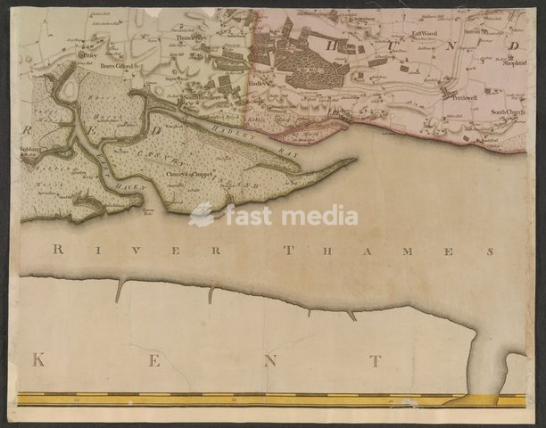 Essex, Map showing part of Essex and the River Thames. Image taken from A Map of the County of Essex from an actual survey taken in MDCCLXXI, LXXIII & MDCCLXXIV. By J. Chapman & P. André, etc. (A Plan of Colchester. 40 chains[ = 132 mm.]). From: A Map of the County of Essex from an actual survey.…