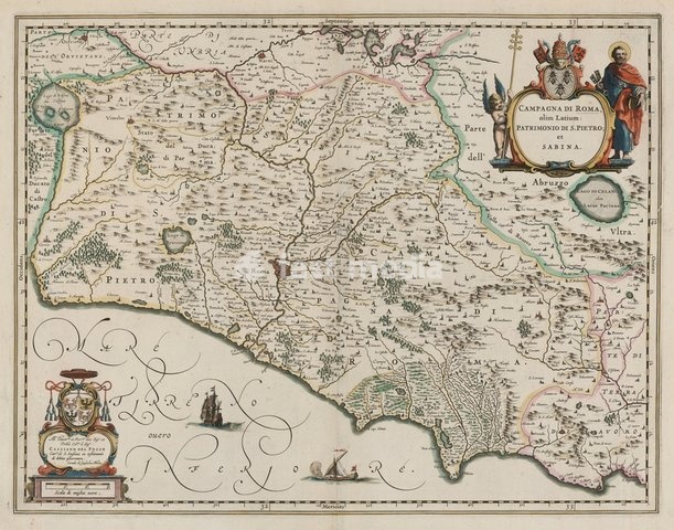 Rome, Map of Rome and the surrounding area. Image taken from Campagna di R. olim Latium: Patrimonio di S. Pietro et Sabina. [By] C. di G. Blaeu. Originally published / produced in [Amsterdam], [1650?]. [Amsterdam], [1650?]. From: Campagna di R. olim Latium: Patrimonio di S. Pietr. Maps. K. Top.…