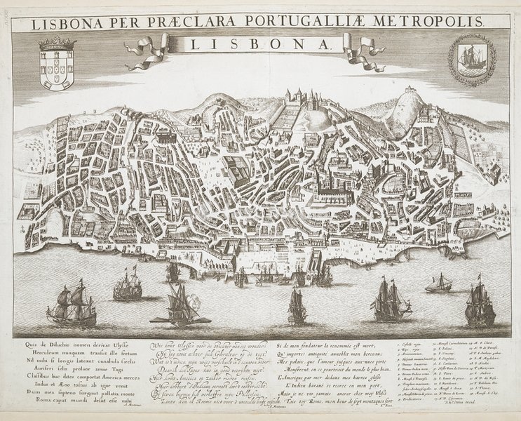 A panoramic bird's-eye-view of Lisbon from the Tagus River with sailing ships near the harbour in the foreground, and the city spreading at the feet of the citadel and the Castle of São Jorge on a hilltop in the background. [Amsterdam]: [Reinier and Joshua Ottens], [between 1725 and 1750]. From:…