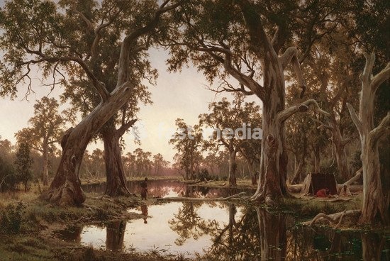 H J. JOHNSTONE. Evening shadows, backwater of the Murray, South Australia. Date/Period: 1880. Painting. Oil on canvas. Height: 120.60 mm (4.74 in); Width: 184.10 mm (7.24 in)