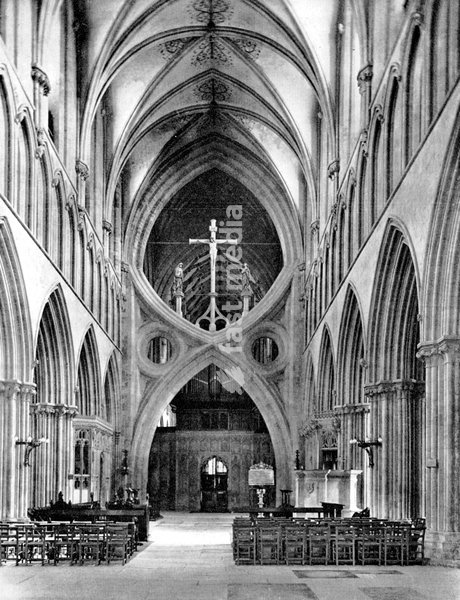 The Nave, Wells Cathedral, Somerset, England, 1924-1926. Interior of the cathedral which was begun in 1180. The scissor arches were built in the 14th century to stabilise the building after an added spire caused some of the supporting pillars to subside