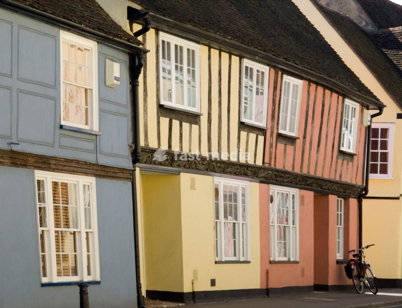 Pastel coloured timber frame houses in Coggeshall, Essex, England, United Kingdom, Europe