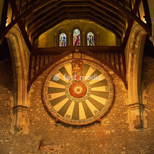 King Arthur's Round Table mounted on wall of Castle Hall, Winchester, England, United Kingdom, Europe