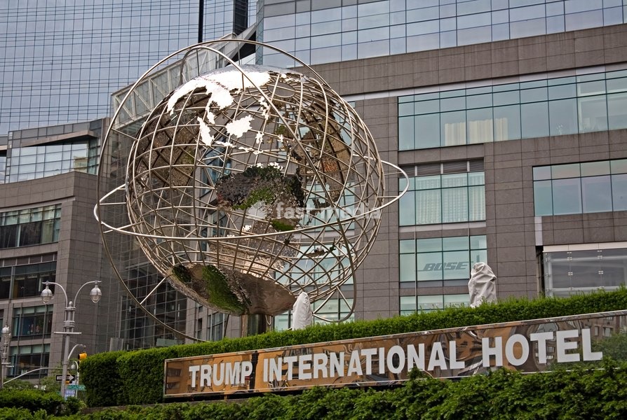 Globe Sculpture by Brandell outside Trump International Hotel, Columbus Circle, Midtown Manhattan, New York City, New York, United States of America, North America