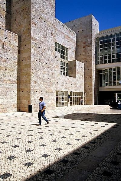 Centro Cultural de Belem, CCB, facade in the inner courtyard, the complex accomodates the Culture and Convention Center as well as the Design Museum, Museu do Design, Praca do Imperio, Belem, Lisbon, Portugal, Europe