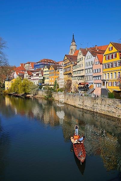 Neckar front with punt, Tuebingen, Baden-Wuerttemberg, Germany, Europe