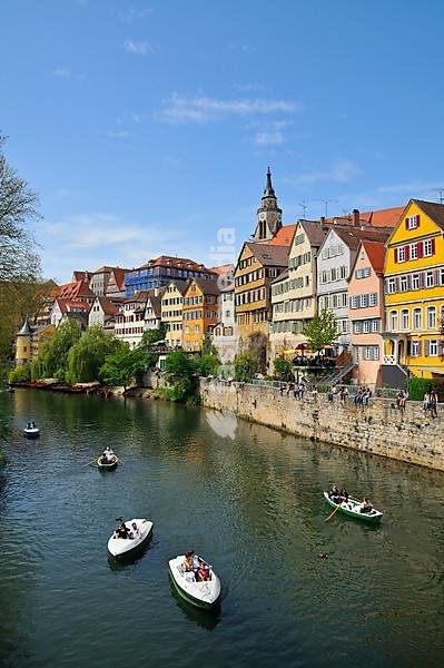 Neckar front with boats, Tuebingen, Baden-Wuerttemberg, Germany, Europe