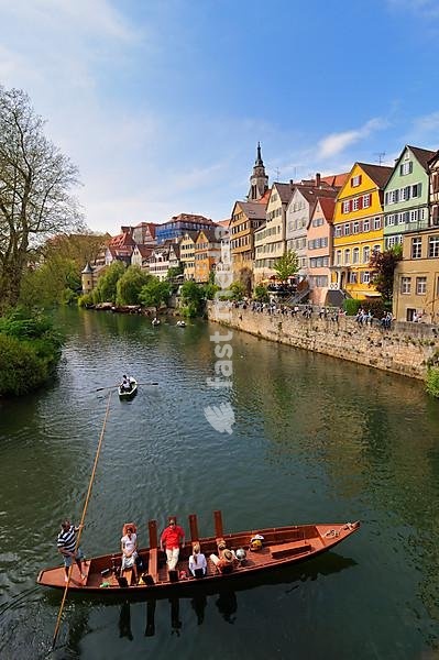 Neckar front with punt, Tuebingen, Baden-Wuerttemberg, Germany, Europe