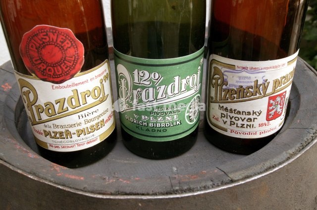 Old beer bottles of the Pilsner Brewery for the beer Pilsner Urquell, Pilsen, Plzen, Bohemia, Czech Republic, Europe