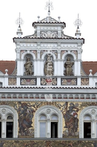 Renaissance house facades with sgraffito paintings at the Square of the Republic in Pilsen, Plzen, Bohemia, Czech Republic, Europe