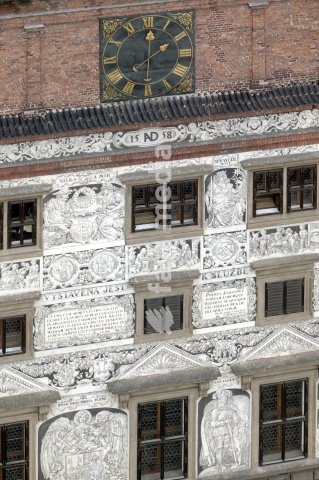Renaissance facade of the historical city hall at the Square of the Republic in Pilsen, Plzen, Bohemia, Czech Republic, Europe