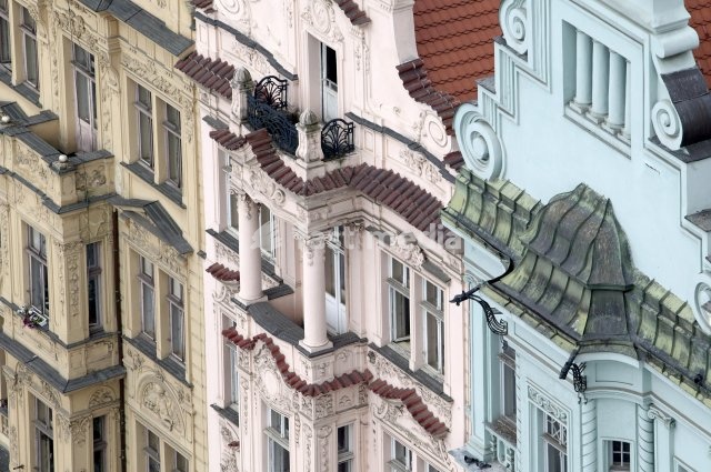 View of renaissance house facades at the Square of the Republic from the Bartholomew Church in Pilsen, Plzen, Bohemia, Czech Republic, Europe