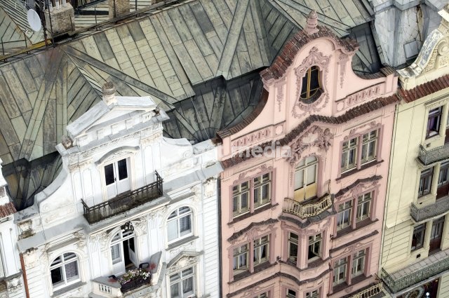 View of renaissance house facades at the Square of the Republic from the Bartholomew Church in Pilsen, Plzen, Bohemia, Czech Republic, Europe