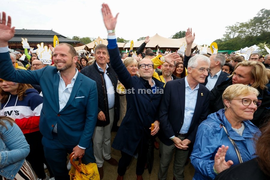 N-VA's Theo Francken, N-VA's Jan Jambon, Flemish Minister of Mobility, Public Works, Flemish municipalities around Brussels, Animal Welfare Ben Weyts and Flemish Minister-President Geert Bourgeois pictured during the yearly family day of conservative Flemish nationalist party N-VA, on Saturday 25…