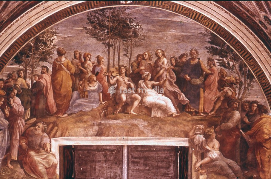 The Parnassus, 1509–1511, by Raphael is a fresco painting by the Italian High Renaissance artist Raphael in the Raphael Rooms (""Stanze di Raffaello""), in the Palace of the Vatican in Rome, painted at the commission of Pope Julius II. The fresco shows the mythological Mount Parnassus