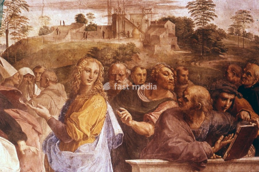 Detail from 'the Disputation of the Sacrament' Fresco by the Italian Renaissance artist Raphael. It was painted between 1509 and 1510. in the Apostolic Palace in the Vatican. In the painting, Raphael has created a scene spanning both heaven and earth. Above, Christ is surrounded by a halo, with the…
