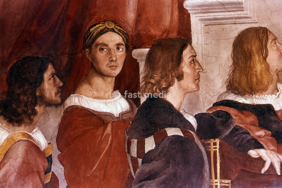 Detail showing Raphael (centre facing) from the Mass at Bolsena. 1514. Fresco by Raphael (1483–1520):Raffaello Sanzio. The Mass at Bolsena is a painting by the Italian renaissance artist Raphael. It was painted between 1512 and 1514 as part of Raphael's commission to decorate with frescoes the…
