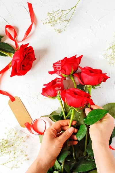 Woman making a bouquet of red roses, top view