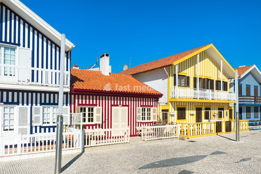 Palheiros typical houses, Costa Nova Beach, Aveiro, Venice of Portugal, Beira Littoral, Portugal, Europe
