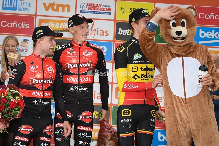 Belgian Eli Iserbyt, Belgian Michael Vanthourenhout and Belgian Toon Aerts pictured on the podium after the men's elite race at the Berencross Meulebeke, the second race in the 'Ethias Cross' competition, Saturday 05 October 2019, in Meulebeke