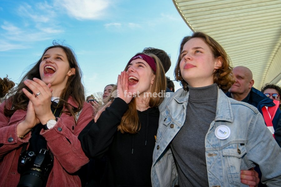 Climate activist Anuna De Wever (R) and Climate activist Adelaide Charlier (C) pictured during a student strike action ''the 11th Strike For Future @ Liege'' organized by ''Youth For Climate'', urging pupils to skip classes to protest a lack of climate awareness, Thursday 21 March 2019 in Liege.…