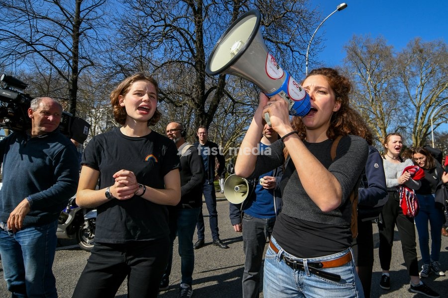 Climate activist Anuna De Wever (L) pictured during a student strike action ''the 11th Strike For Future @ Liege'' organized by ''Youth For Climate'', urging pupils to skip classes to protest a lack of climate awareness, Thursday 21 March 2019 in Liege. This marks the 11th consecutive week youths…