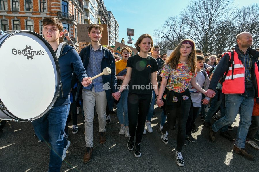 Climate activist Anuna De Wever (3L) and Climate activist Adelaide Charlier (2R) pictured during a student strike action ''the 11th Strike For Future @ Liege'' organized by ''Youth For Climate'', urging pupils to skip classes to protest a lack of climate awareness, Thursday 21 March 2019 in Liege.…