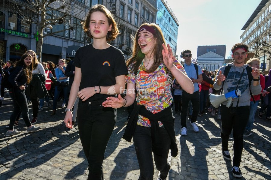 Climate activist Anuna De Wever (L) and Climate activist Adelaide Charlier (R) pictured during a student strike action ''the 11th Strike For Future @ Liege'' organized by ''Youth For Climate'', urging pupils to skip classes to protest a lack of climate awareness, Thursday 21 March 2019 in Liege.…