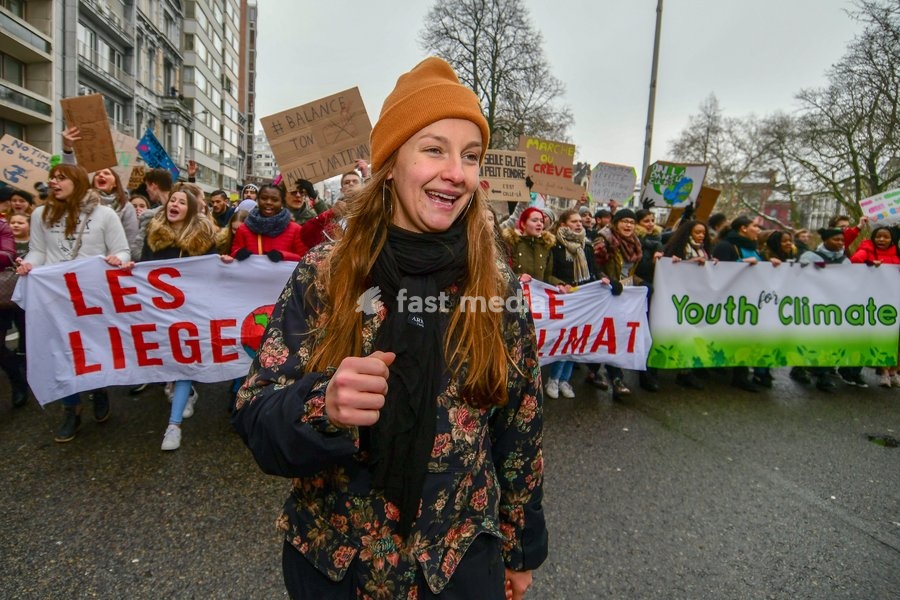 Florine Baar, member of Youth For Climate, pictured during a gather of the youth Liege for climate. 15.000 students affected by climate problems have walked the streets of Liege. This is the second action of the students of Liege for the climate, Thursday 31 January 2019 in Liege, Belgium