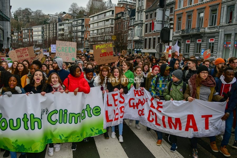 Illustration picture shows a student strike action during a gather of the youth Liege for climate. 15.000 students affected by climate problems have walked the streets of Liege. This is the second action of the students of Liege for the climate, Thursday 31 January 2019 in Liege, Belgium