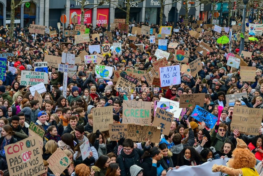 Illustration picture shows a student strike action during a gather of the youth Liege for climate. 15.000 students affected by climate problems have walked the streets of Liege. This is the second action of the students of Liege for the climate, Thursday 31 January 2019 in Liege, Belgium