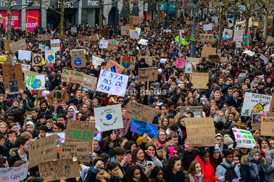 Illustration picture shows a student strike action during a gather of the youth Liege for climate. 15.000 students affected by climate problems have walked the streets of Liege. This is the second action of the students of Liege for the climate, Thursday 31 January 2019 in Liege, Belgium